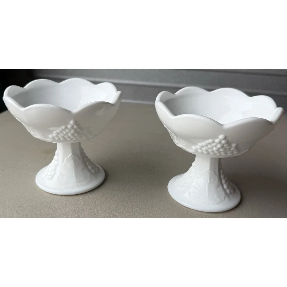 2 Indiana Colony Harvest White‎ Milk Glass Grape Design Candlestick Holder
